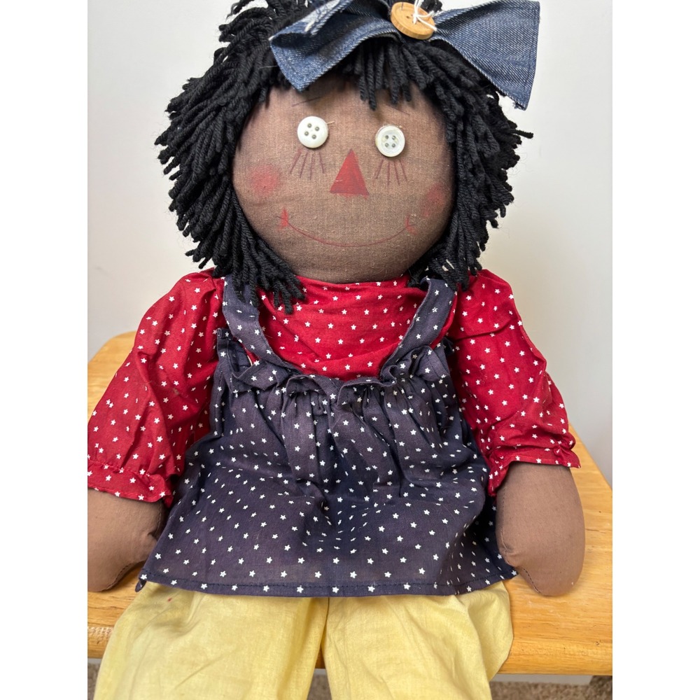 Handmade Black Raggedy Ann Doll Primitive Folk Art Yarn Hair Star Print Dress